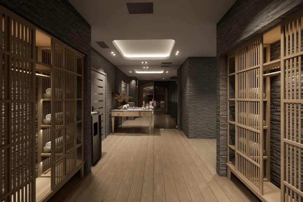 İç mimari tasarım, hotel tasarımı, otel spa sauna katı tasarımı, ahşap iç mimari tasarım, organik mimari tasarımlar, otel iç mimarisi, asma tavan tasarımı, gizli aydınlatma tasarımları, hamam tasarımları, Türk Hamamı tasarımı - Tega Mimarlık